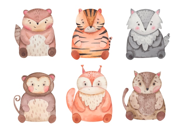 Vector animals tiger, squirrel, monkey, jaguar, xerus, wolf watercolor illustration