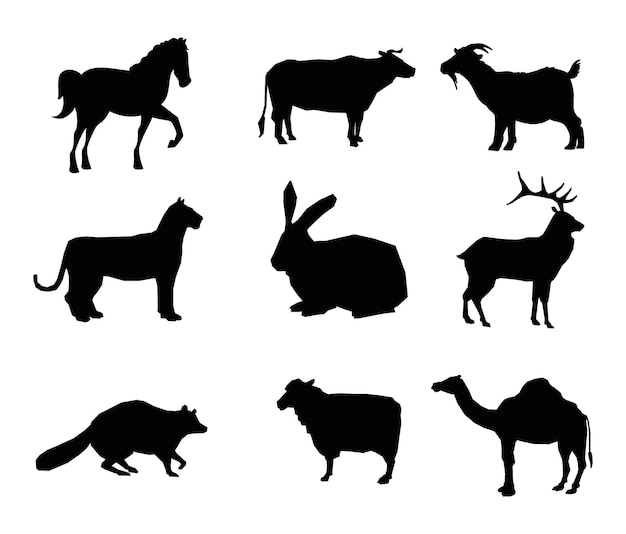 Animals various types isolated vector Silhouette