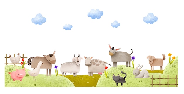 Животные ходят по газону среди цветов ручно нарисованная пейзажная иллюстрация на изолированном фоне миленькая детская ручная композиция для декорационных карточек и приглашений