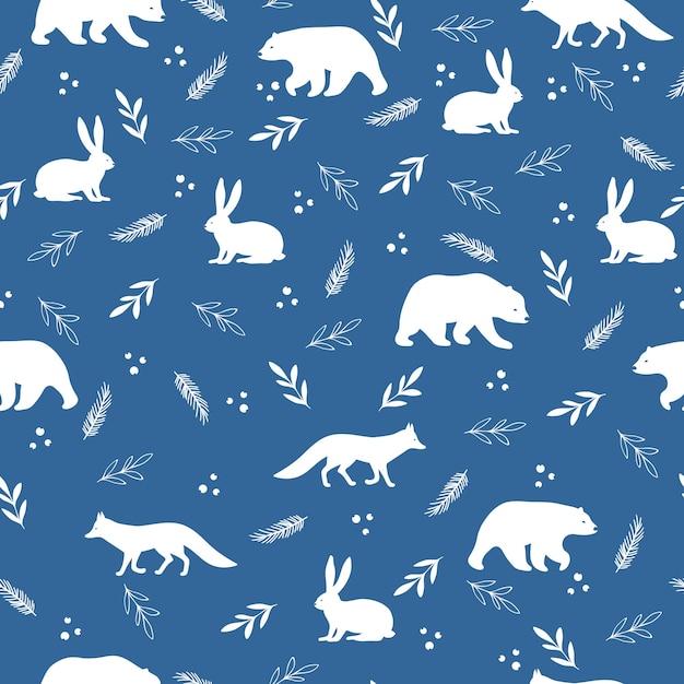 Animals winter seamless pattern Christmas seamless pattern with bears foxes hares and winter branches and berries