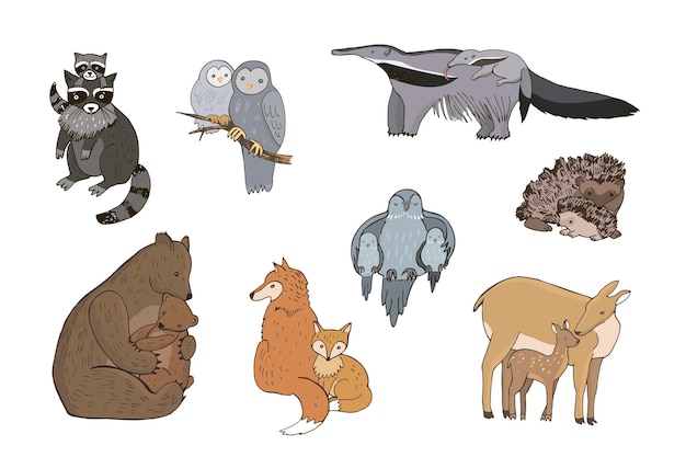 Animals with babies vector illustrations set