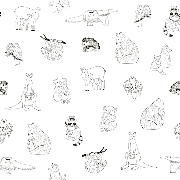 Animals with babies vector seamless pattern