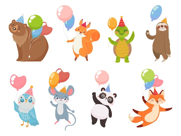 Vector animals with balloons. animal greeting party with air balloons, bear and turtle, panda celebration birthday funny, vector illustration