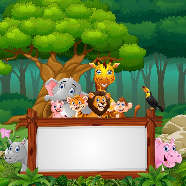 Animals with board blank sign in jungle