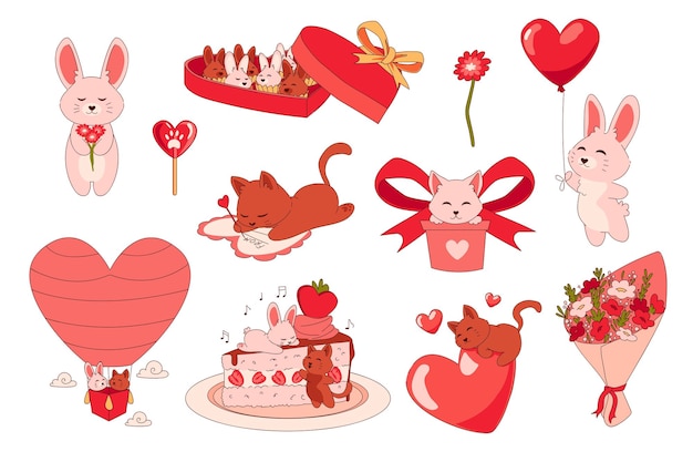 Animals with hearts Cartoon romantic stickers Cute bunny giving balloon and kitten signing greeting card Holiday cake and bouquet of flowers Presents or box with candies vector set