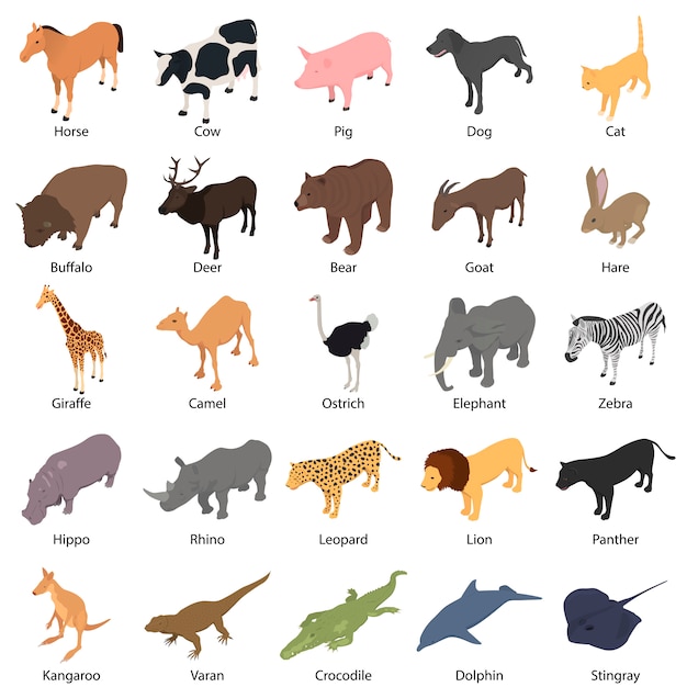 Premium Vector | Animals with signed name icons set isometric style