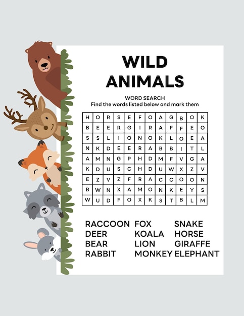 Animals Word Search Puzzle printable