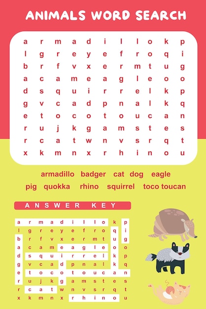 Animals Word Search worksheet. Educational worksheet for preschool. Vector illustration file.