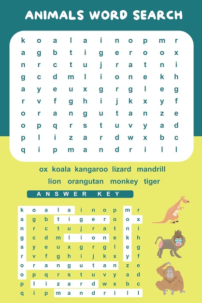 Animals word search worksheet. educational worksheet for preschool. vector illustration file.