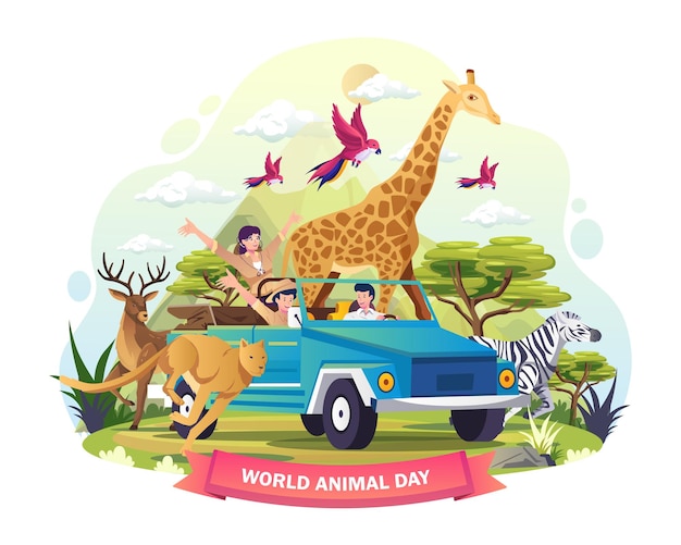 Animals Zoo keepers are exploring the savanna in a vehicle on world Animal Day illustration