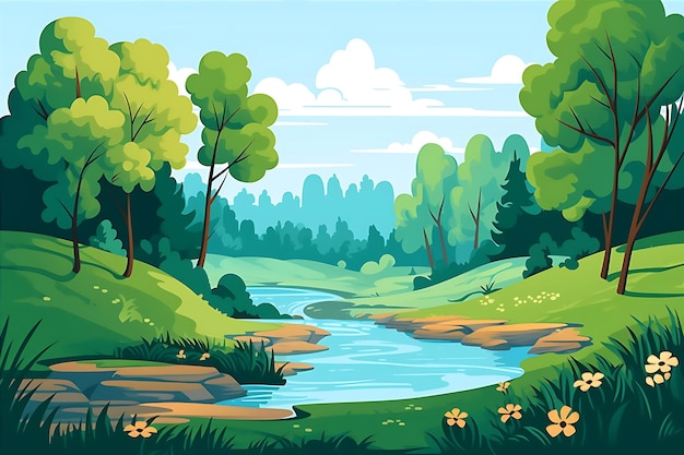 Animated Cartoon River Forest Scene