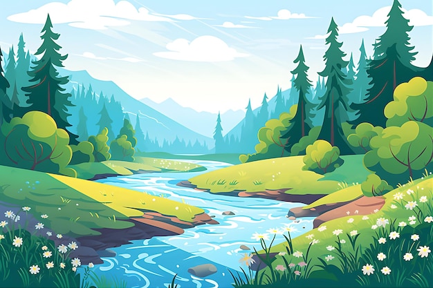 Animated cartoon river forest scene