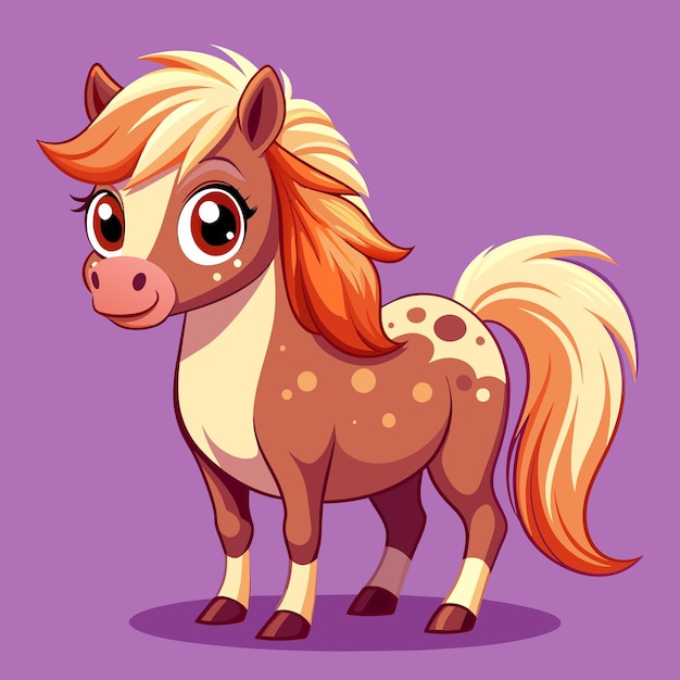 Vector animated chestnut pony with flowing mane and tail standing proudly