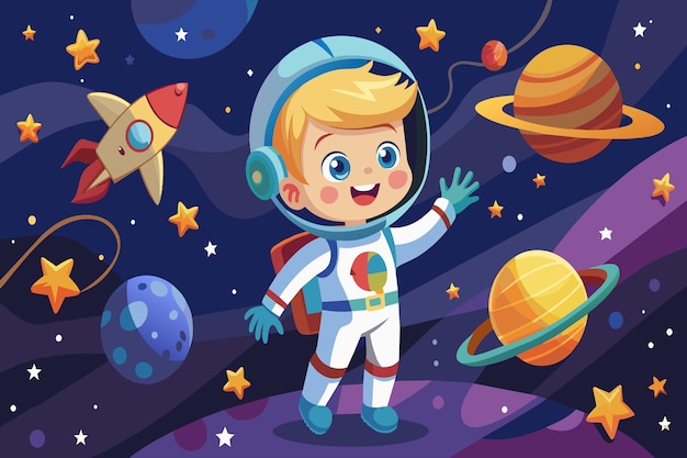 Animated child astronaut floating joyfully in a vibrant cosmic setting