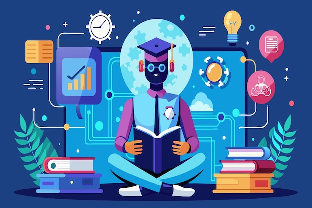 Animated dog studying with graduation cap surrounded by educational icons