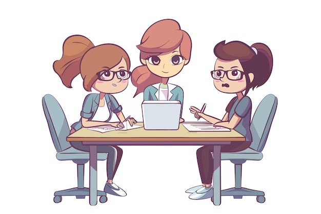 Vector animated female team working at office desk