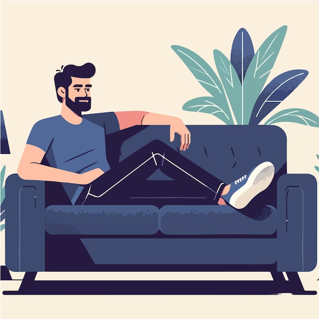 An animated man with a beard lounges on a couch legs crossed in a relaxed pose with houseplants