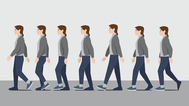 Animatie van een vrouw in grijs jasje en broek met handen die in zijbeeld loopt en de trappen toont