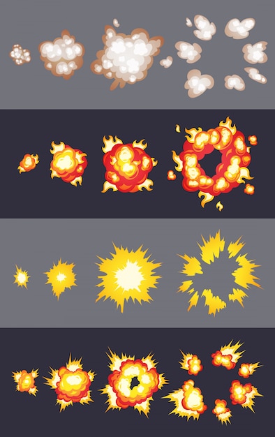 animation of explosion effect in cartoon comic style. cartoon explosion effect with smoke for game.