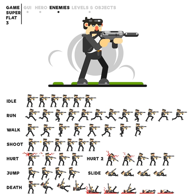 Vector animation of a guy in black with a rifle for creating a video game