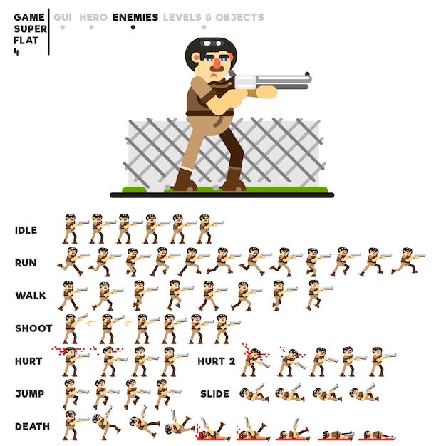 Vettore animazione di un uomo con un fucile da caccia per la creazione di un videogioco