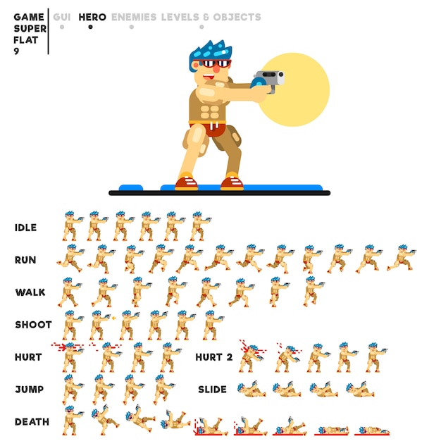 Вектор Анимация парня с пистолетом для создания видеоигры