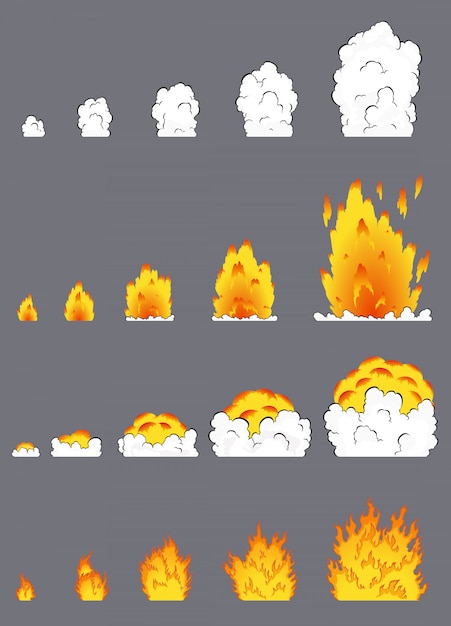 漫画コミックスタイルの爆発効果のアニメーション。ゲームの煙と漫画の爆発効果。漫画の火の爆発、フラッシュゲームの効果のアニメーションのスプライトシート