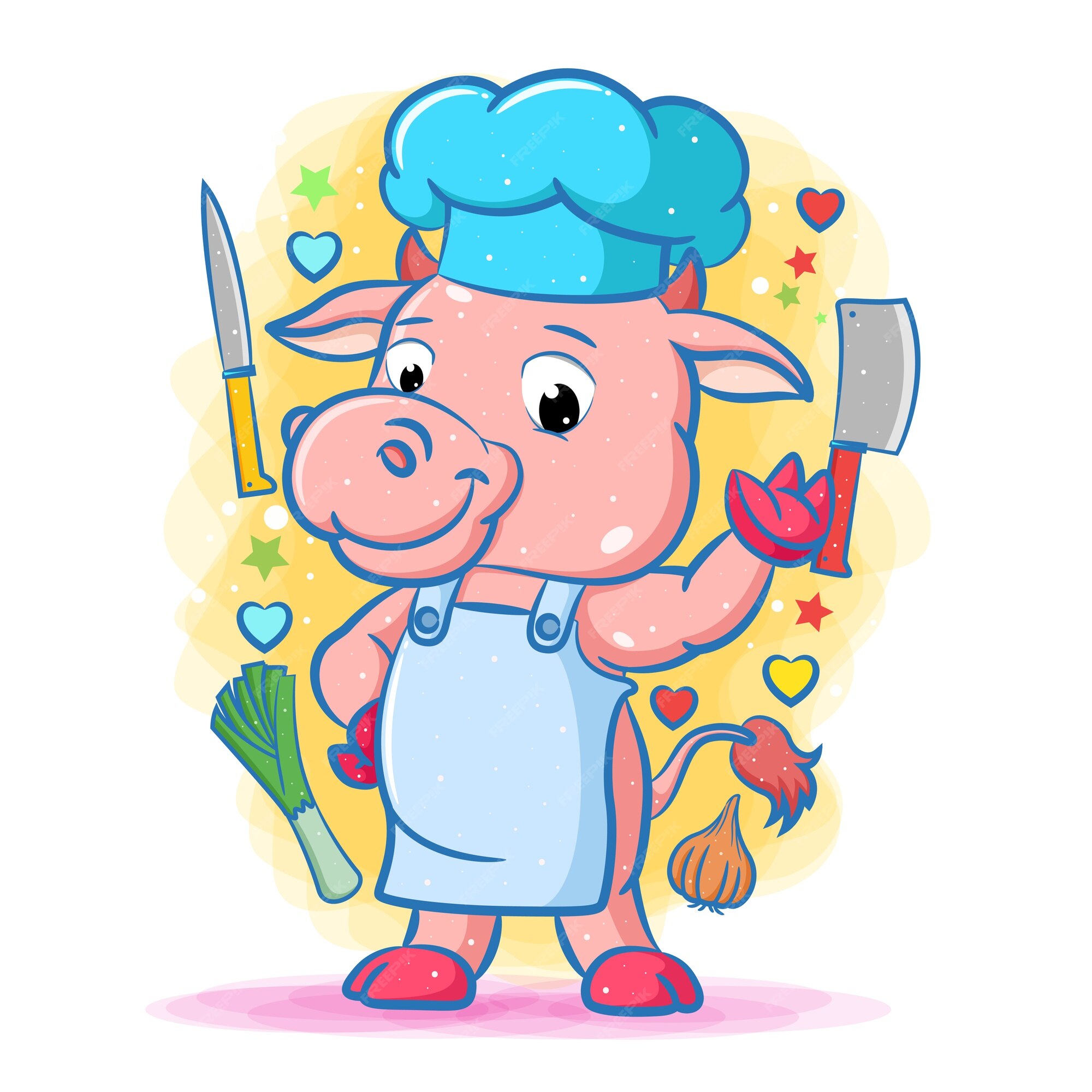 Premium Vector | The animation of the pink chef cow with the kitchen tools and vegetables Premium Vector | The animation of the pink chef cow with the kitchen tools and vegetables