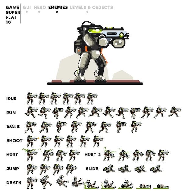 Vector animation of a robot with a rifle for creating a video game