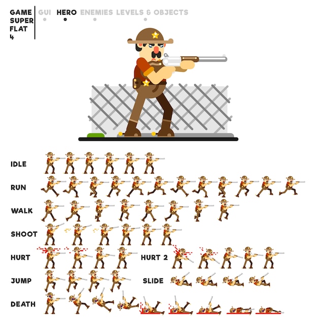비디오 게임을 만들기위한 총을 가진 보안관의 애니메이션