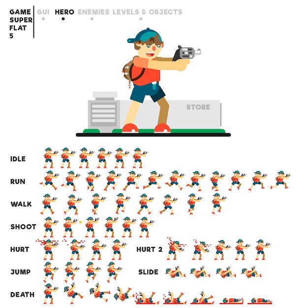Анимация молодого человека с пистолетом для создания видеоигры