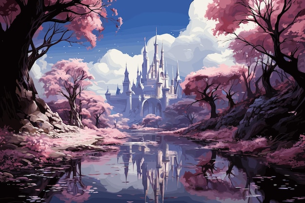 Anime artistic image of magical castle in general view