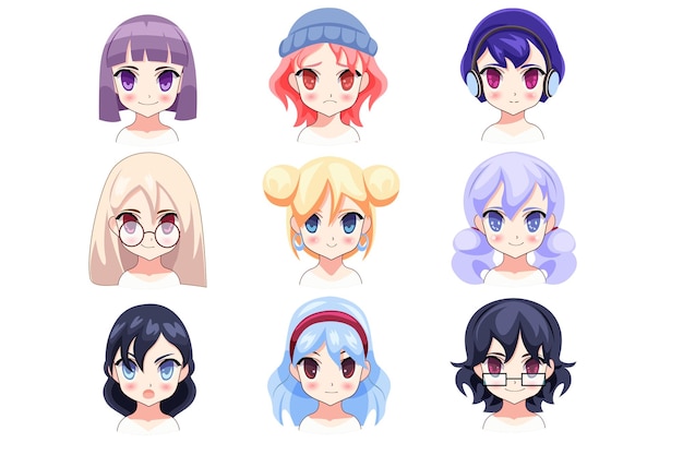 Anime avatars iconen in het platte cartoon ontwerp Afbeeldingen met verschillende anime karakters