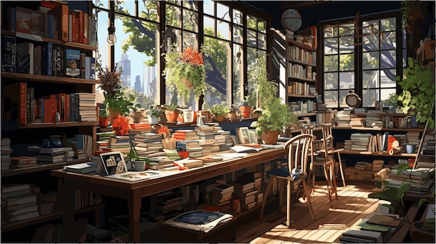 Anime background scene of a library at home plants warm romantic scene ghibli style vector art