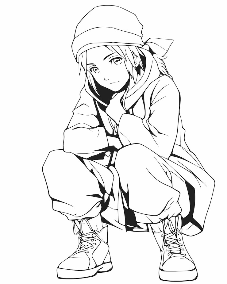 Vector anime boy wearing hat kneeling coloring page