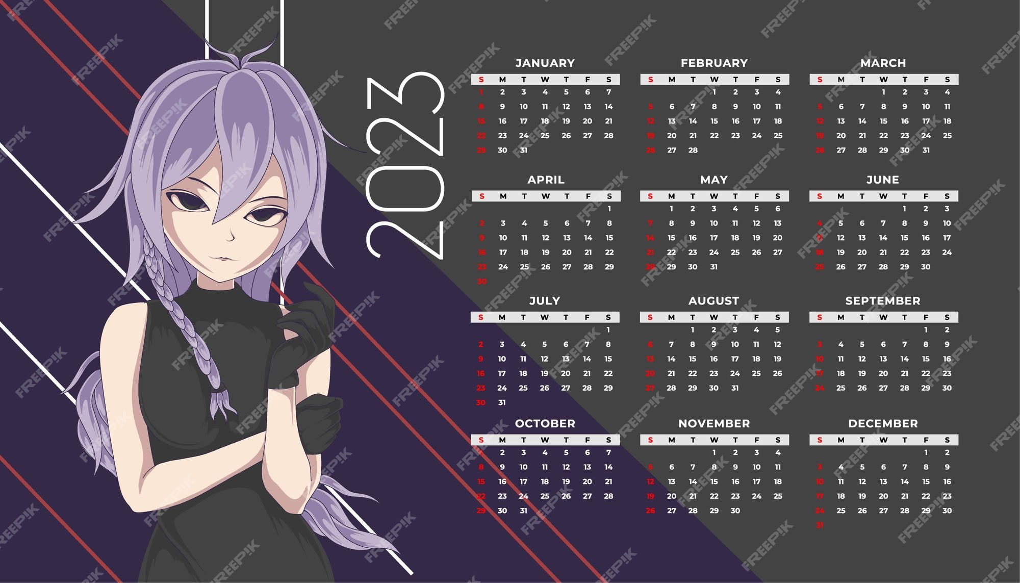 plantilla de calendario mensual 2023 con chicas anime 16468829 Vector en  Vecteezy