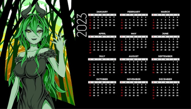 Premium Vector  Monthly calendar 2023 template with anime girls