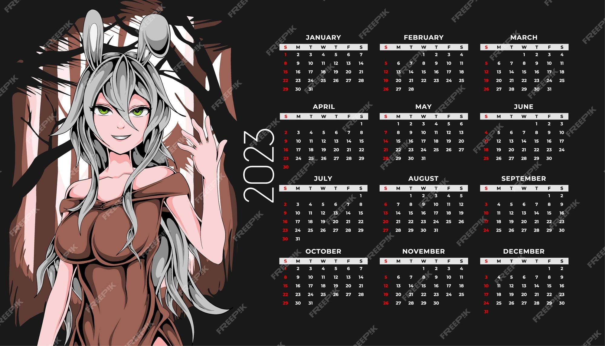 plantilla de calendario mensual 2023 con chicas anime 16468829 Vector en  Vecteezy