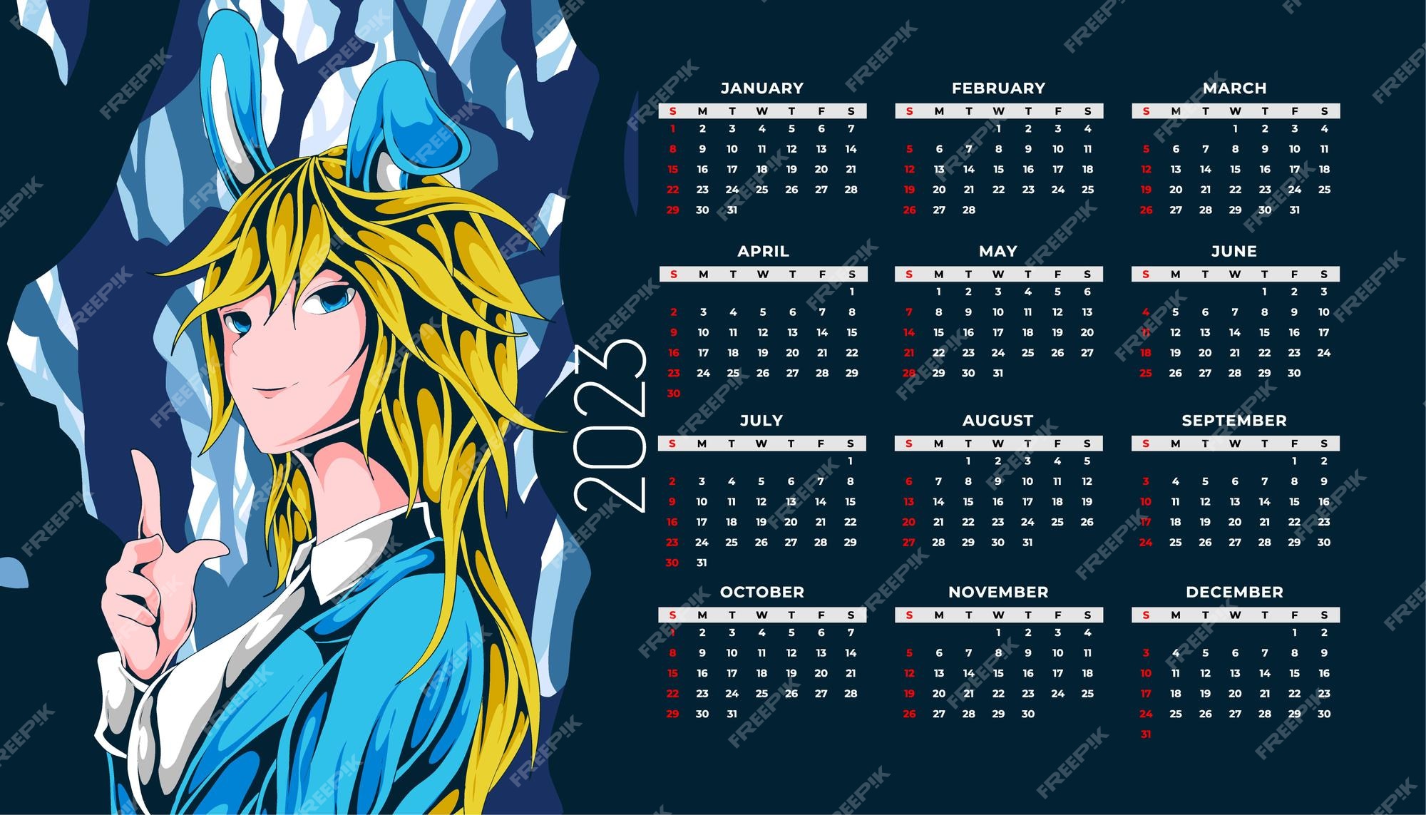 Premium Vector  Monthly calendar 2023 template with anime girls