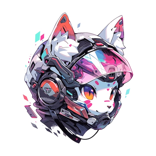 모터사이클 헬을 입은 애니메이션 고양이 미래의 고양이 인쇄물 디자인 터 일러스트레이션 eps