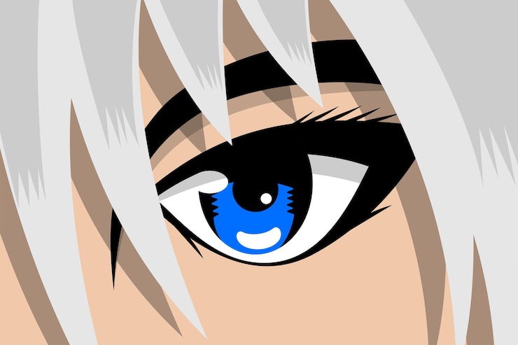 Vector 青い目と白い髪のかわいい男の子または女の子の顔のアニメコミックストリップマンガコミックブックヒーローアート