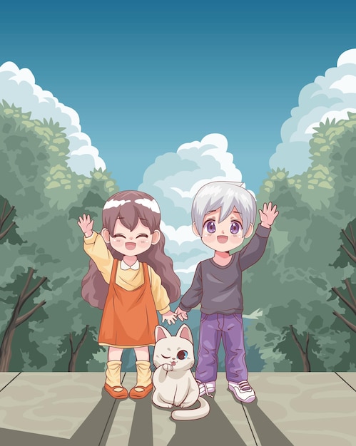 Anime couple with cat in landscape