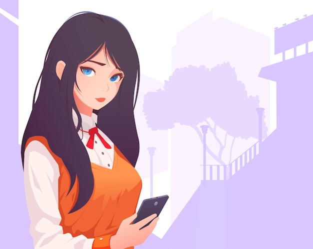 Vector anime cute girl with big blue eyes and long black hair with smartphone beautiful woman character with asian sweet face japanese chinese korean schoolgirl student in uniform vector illustration
