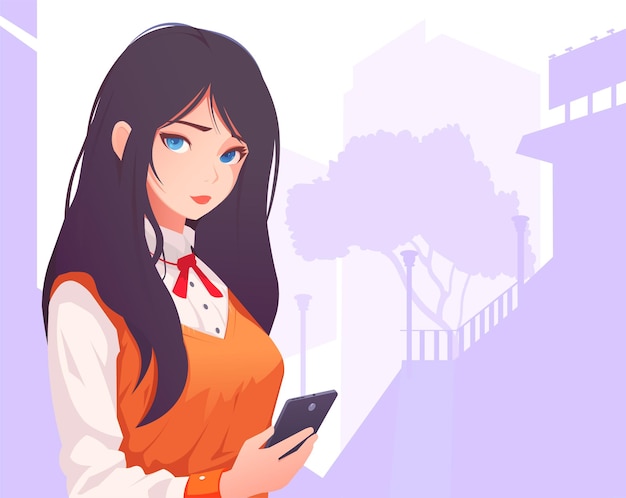 Anime ragazza carina con grandi occhi azzurri e lunghi capelli neri con smartphone carattere di bella donna con viso dolce asiatico studentessa studentessa giapponese cinese coreana in uniforme illustrazione vettoriale