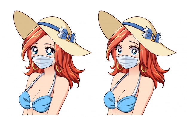 Anime donna carina che indossa cappello estivo, bikini e mascherina medica. set di due espressioni diverse. turismo coronavirus. illustrazione disegnata a mano