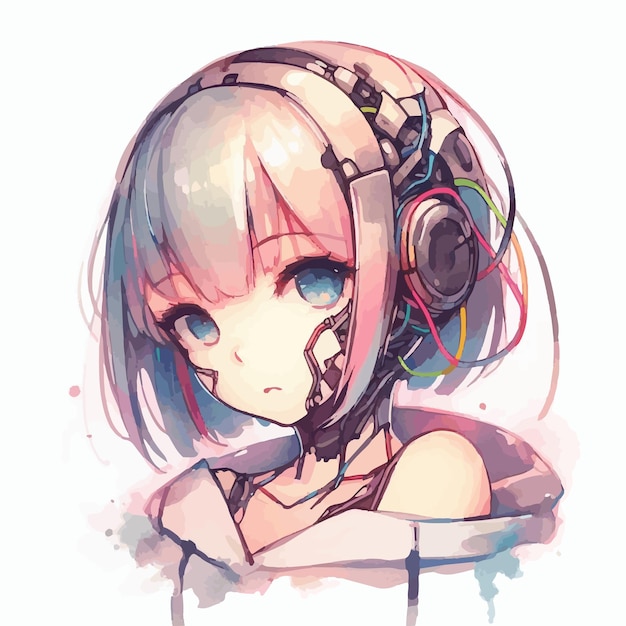 Vector anime cyborg girl with headphones illustration vector