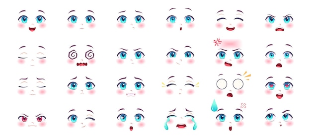 Anime expressions kawaii cute faces with eyes lips and nose cartoon anatomy smiling manga girls exact vector pictures set isolated