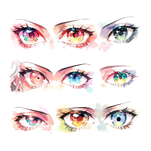 Anime eyes set watercolor in japanese style on white background