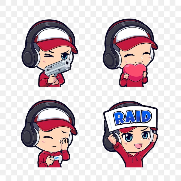 anime gamer boy with hat cartoon esport mascot logo sticker and badge set
