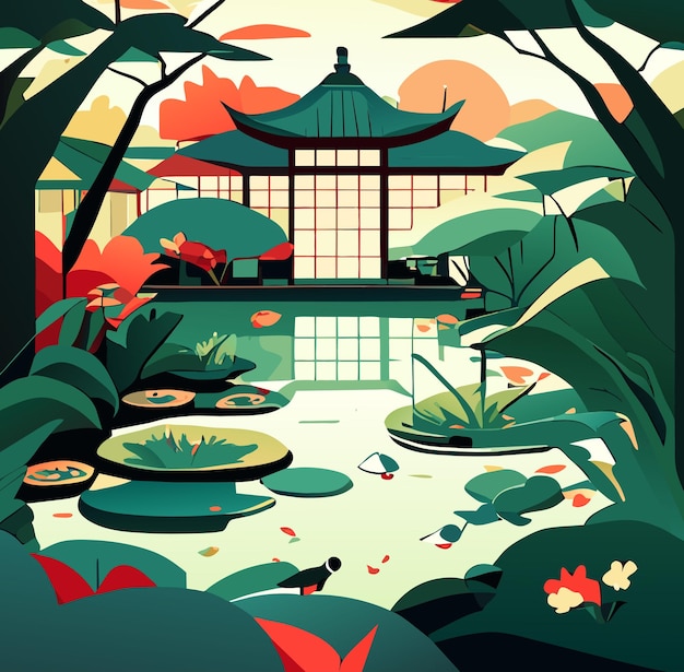 Vector anime garden serenity with graceful koi